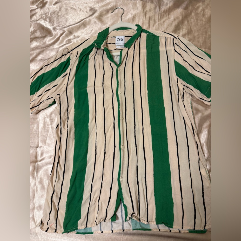 Zara Bold Green and Cream Striped Button-Up